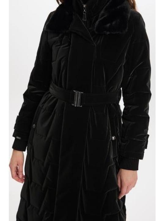 Manteau matelassé fumé avec col en fourrure et détail de ceinture 12764