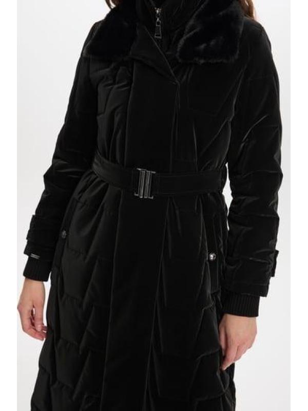 Manteau matelassé fumé avec col en fourrure et détail de ceinture 12764