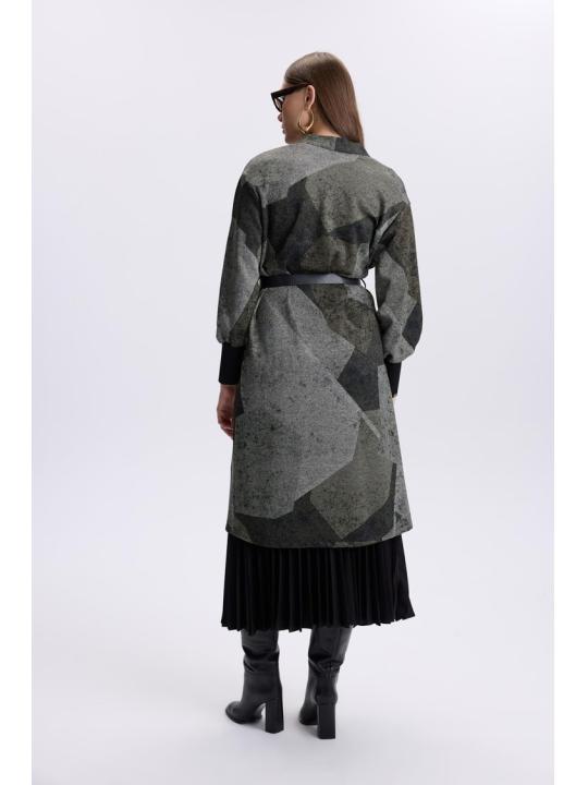 Cardigan de tuile détaillée à ceinture à motifs HR-0007 PEAR