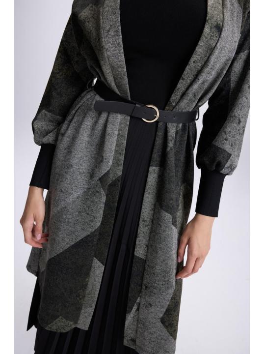Cardigan de tuile détaillée à ceinture à motifs HR-0007 PEAR