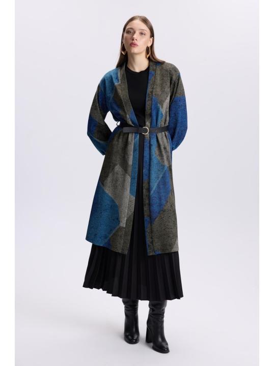 Cardigan de tuile détaillée à ceinture à motifs HR-0007 PEAR