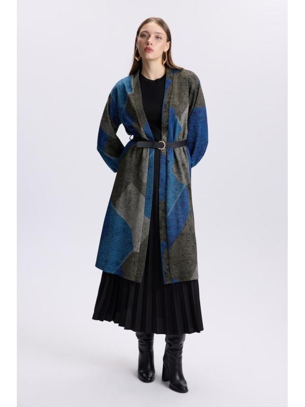 Cardigan de tuile détaillée à ceinture à motifs HR-0007 PEAR
