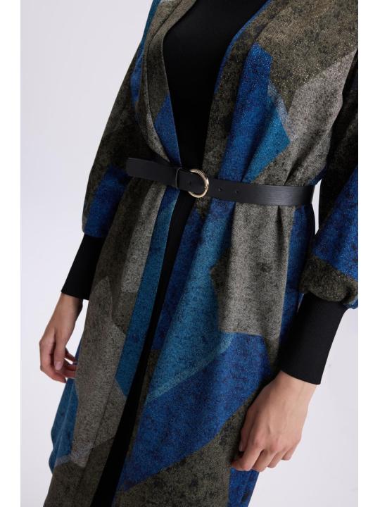 Cardigan de tuile détaillée à ceinture à motifs HR-0007 PEAR