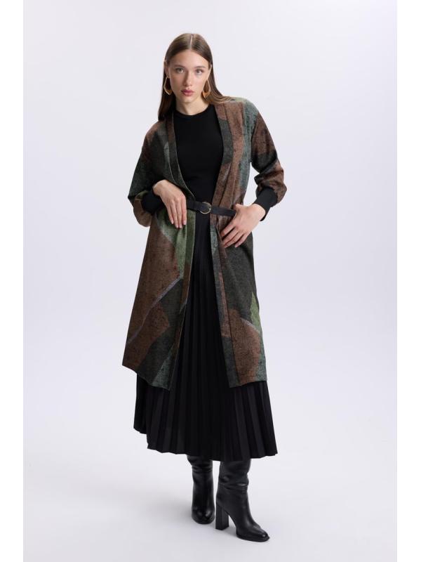 Cardigan de tuile détaillée à ceinture à motifs HR-0007 PEAR