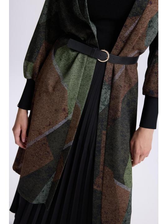 Cardigan de tuile détaillée à ceinture à motifs HR-0007 PEAR