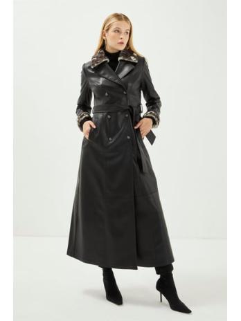 Trench-coat en cuir noir avec poches et col en fourrure