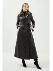 Trench-coat en cuir noir avec poches et col en fourrure 