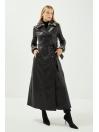 Trench-coat en cuir noir avec poches et col en fourrure 