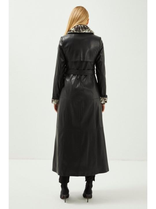 Trench-coat en cuir noir avec poches et col en fourrure 