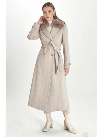 Manteau Cachette Beige à Col Double Boutonnage Détail Fourrure 13114