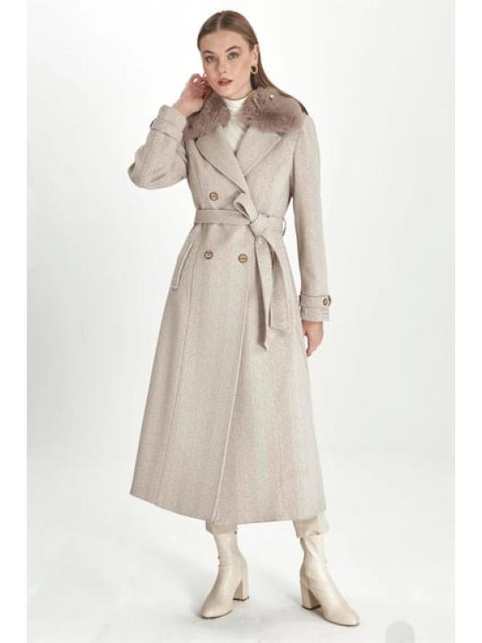 Manteau Cachette Beige à Col Double Boutonnage Détail Fourrure 13114 