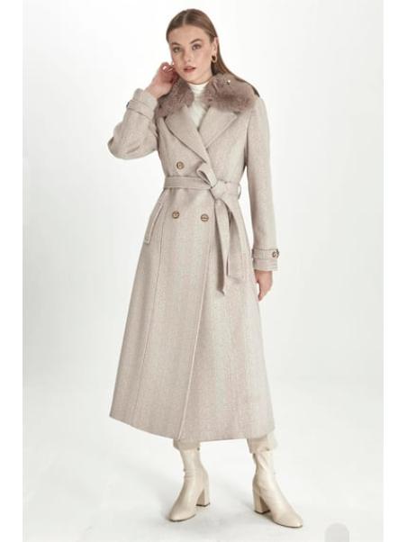 Manteau Cachette Beige à Col Double Boutonnage Détail Fourrure 13114 