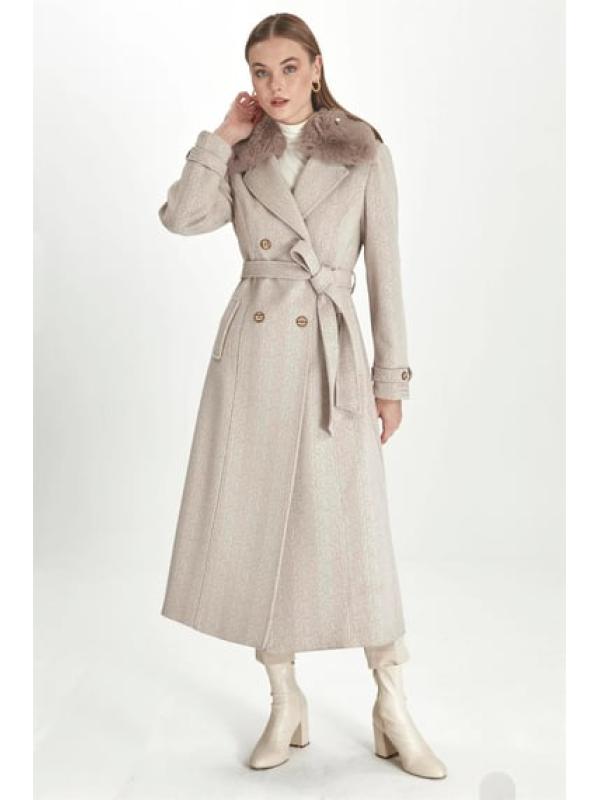 Manteau Cachette Beige à Col Double Boutonnage Détail Fourrure 13114 