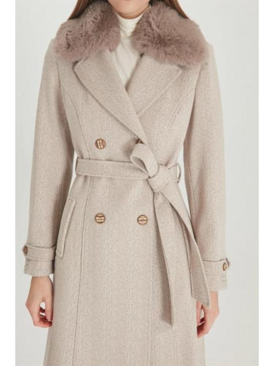Manteau Cachette Beige à Col Double Boutonnage Détail Fourrure 13114 