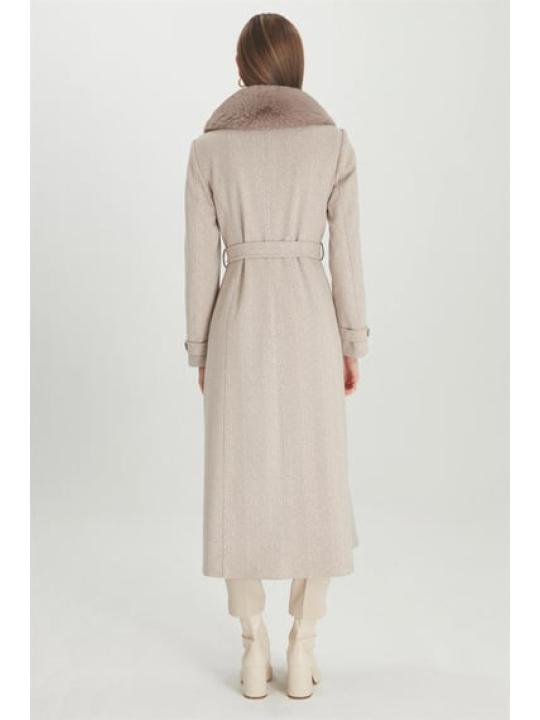 Manteau Cachette Beige à Col Double Boutonnage Détail Fourrure 13114 