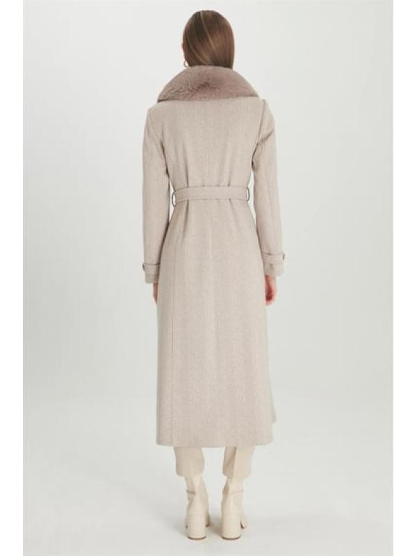 Manteau Cachette Beige à Col Double Boutonnage Détail Fourrure 13114 