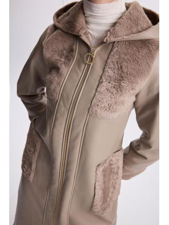 Manteau Cachette Beige à Col Double Boutonnage Détail Fourrure 13114