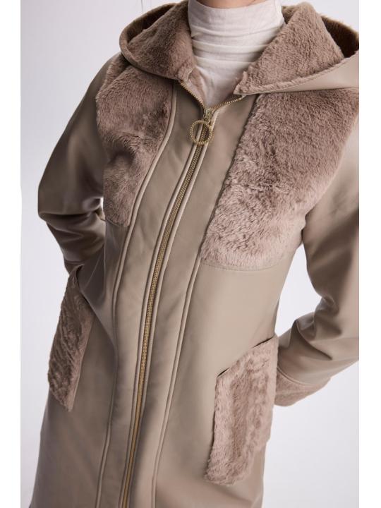 Manteau Cachette Beige à Col Double Boutonnage Détail Fourrure 13114 