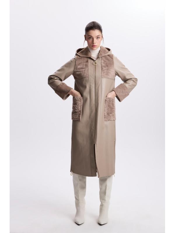 Manteau Cachette Beige à Col Double Boutonnage Détail Fourrure 13114 