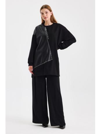Tunique noire T-1538 avec cuir et fermeture éclair