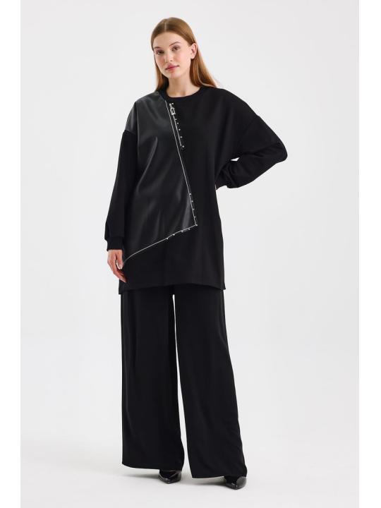  Tunique noire T-1538 avec cuir et fermeture éclair