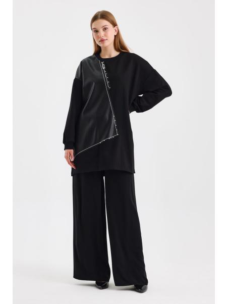  Tunique noire T-1538 avec cuir et fermeture éclair