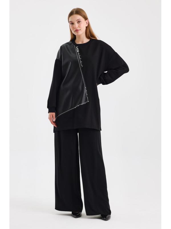  Tunique noire T-1538 avec cuir et fermeture éclair