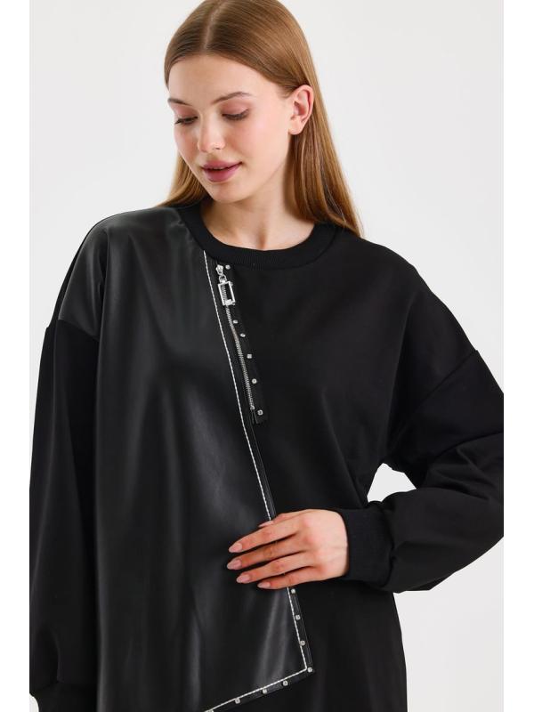 Tunique noire T-1538 avec cuir et fermeture éclair