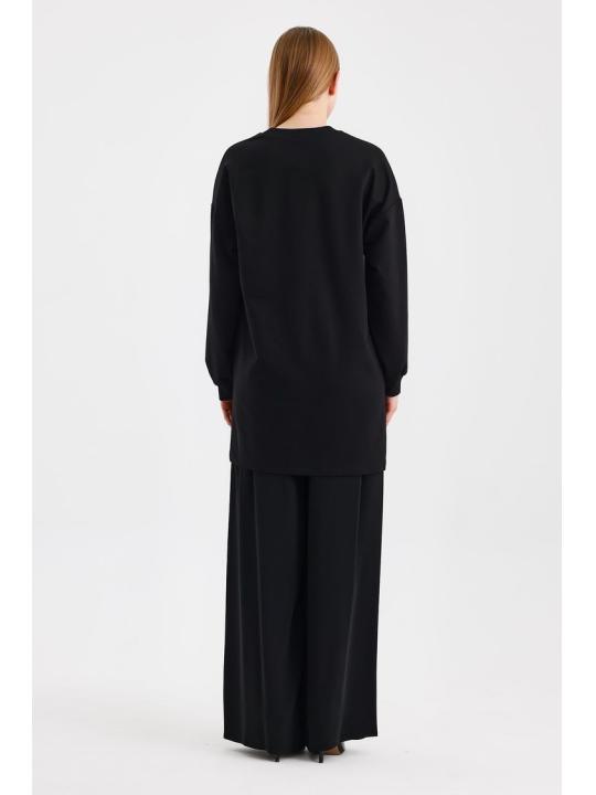  Tunique noire T-1538 avec cuir et fermeture éclair