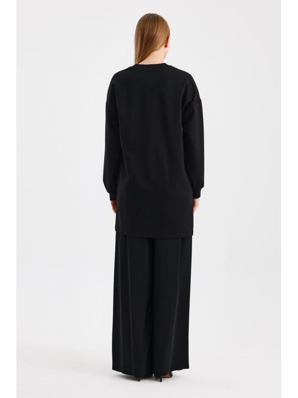  Tunique noire T-1538 avec cuir et fermeture éclair
