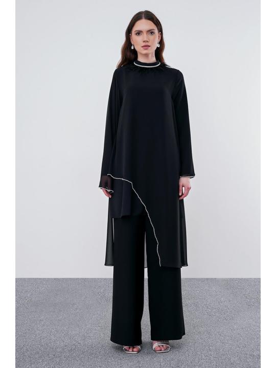 Ensemble  robe de soirée noire brodée en pierre Otrisli TK-1310