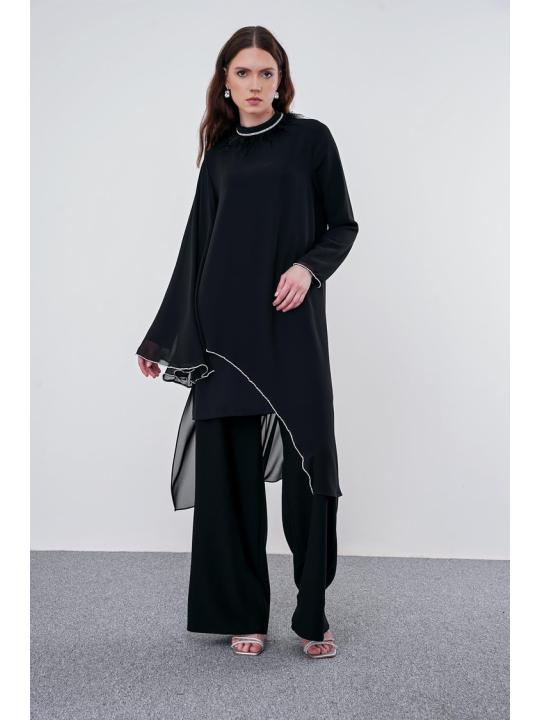 Ensemble  robe de soirée noire brodée en pierre Otrisli TK-1310
