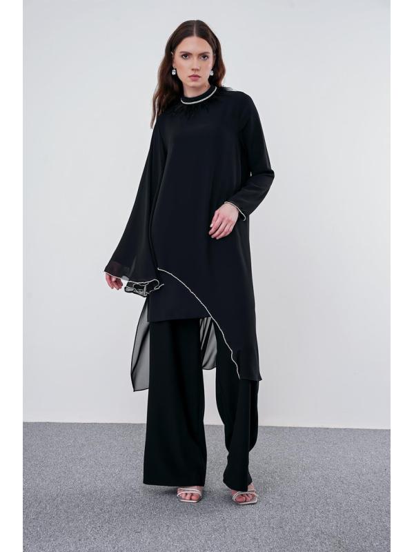Ensemble  robe de soirée noire brodée en pierre Otrisli TK-1310