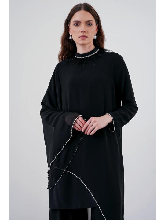 Ensemble  robe de soirée noire brodée en pierre Otrisli TK-1310