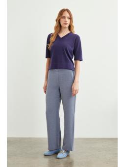 Pantalon en tissu détaillé élastique à la taille large P-0102