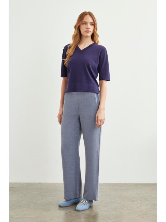 Pantalon en tissu détaillé élastique à la taille large P-0102
