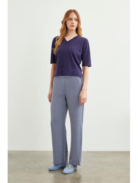 Pantalon en tissu détaillé élastique à la taille large P-0102