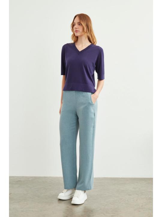 Pantalon en tissu détaillé élastique à la taille large P-0102
