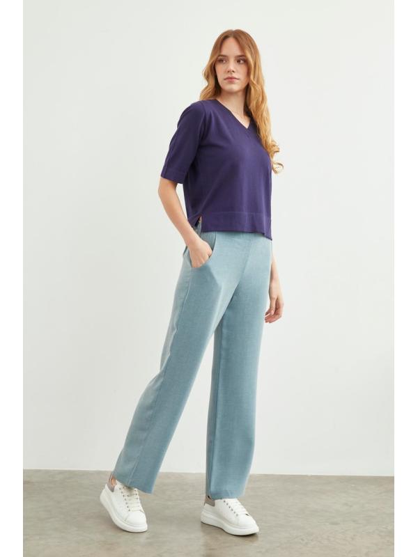 Pantalon en tissu détaillé élastique à la taille large P-0102