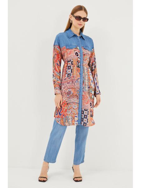 Tunique longue à motifs col chemise T-1441
