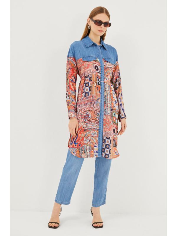 Tunique longue à motifs col chemise T-1441