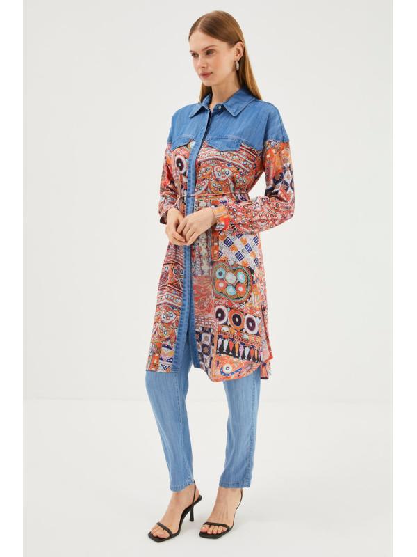 Tunique longue à motifs col chemise T-1441