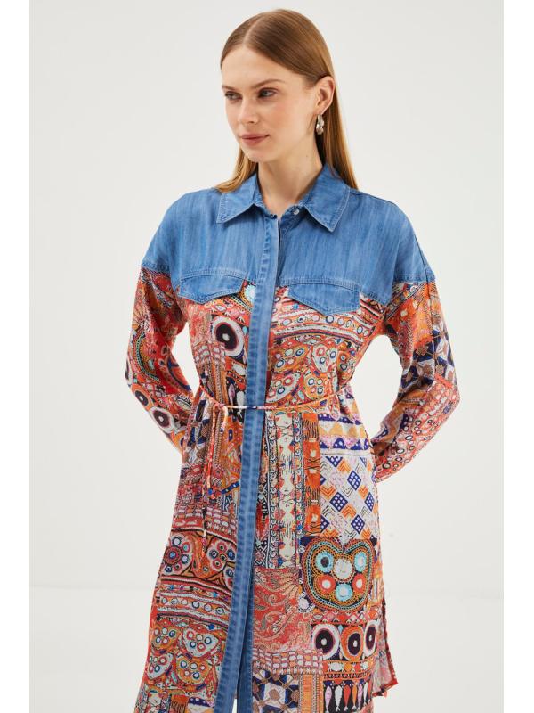 Tunique longue à motifs col chemise T-1441