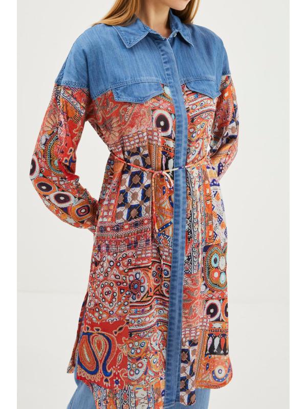 Tunique longue à motifs col chemise T-1441