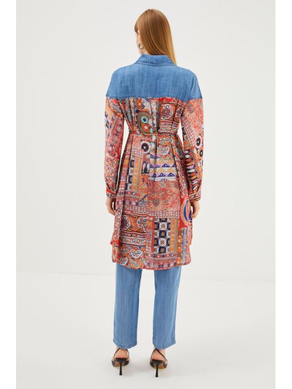 Tunique longue à motifs col chemise T-1441