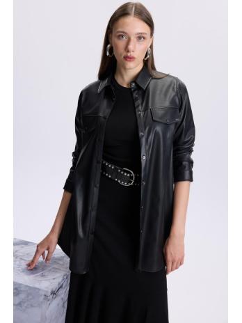 Tunique en cuir noir à col de chemise T-1479