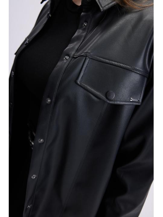 Tunique en cuir noir à col de chemise T-1479