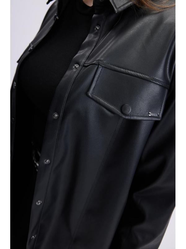 Tunique en cuir noir à col de chemise T-1479
