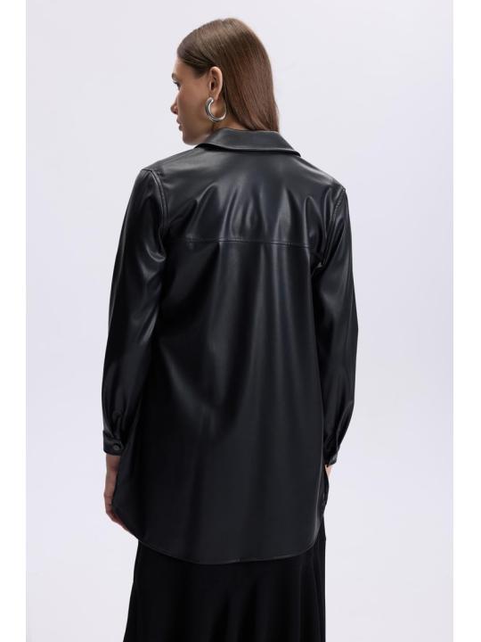Tunique en cuir noir à col de chemise T-1479
