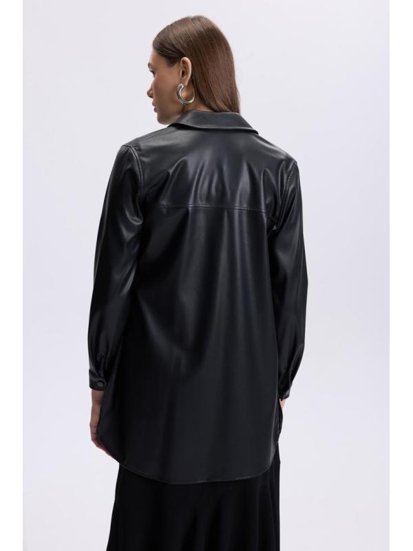 Tunique en cuir noir à col de chemise T-1479